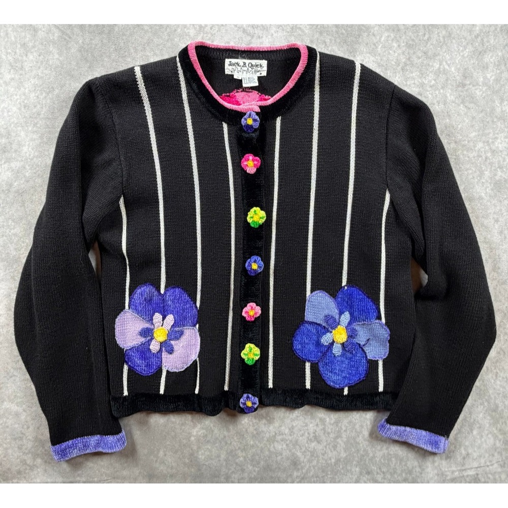 Jack B Quick Vintage Womens Medium Cardigan Ramie Black Pansy Flower Applique
